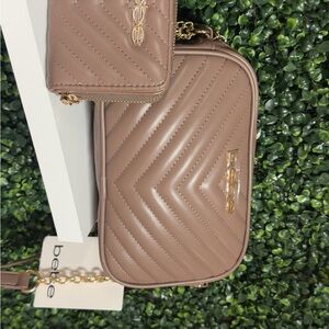 Bebe Tan Quilted Crossbody Bag with Gold Accents